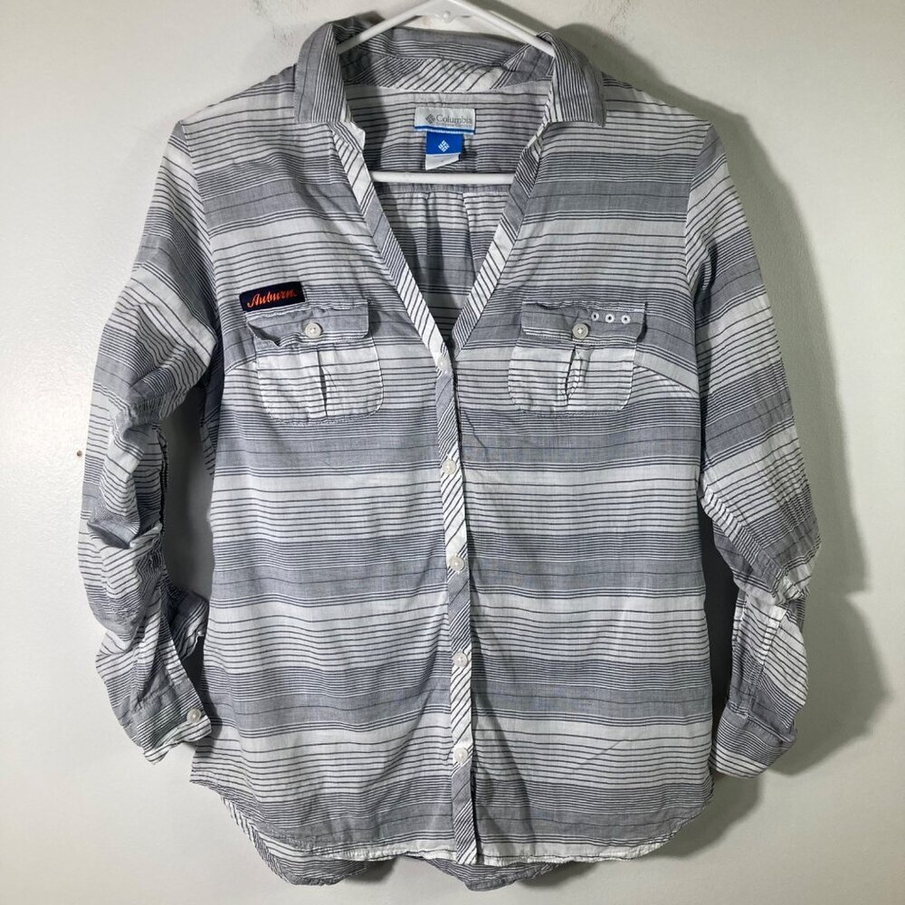 Womens Columbia Roll Sleeve Button Shirt Striped Blue White Auburn University S